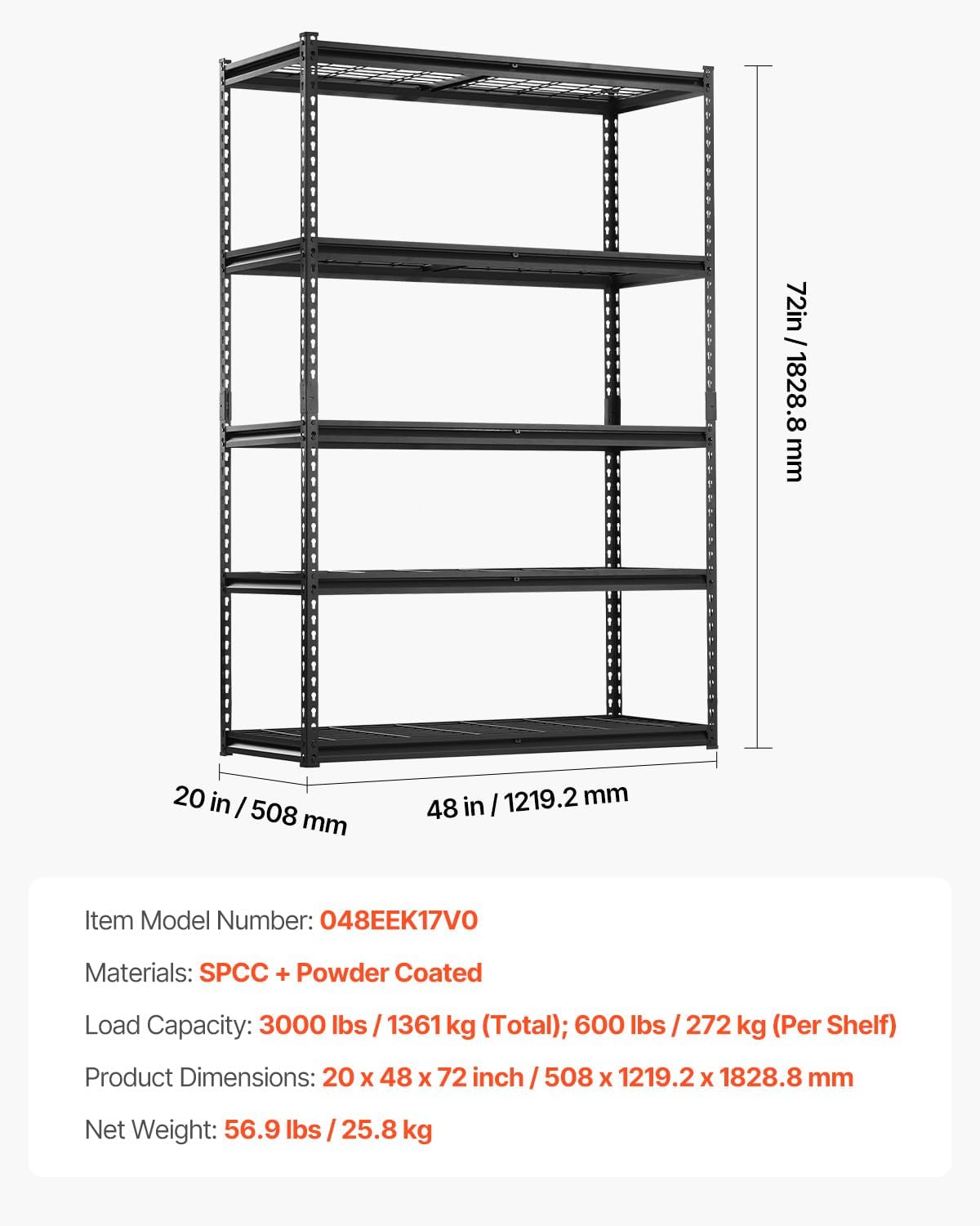 VEVOR Storage Shelves, 3000 lbs, 5 Tier Heavy Duty Garage Shelving, 20" D x 48" W x 72" H