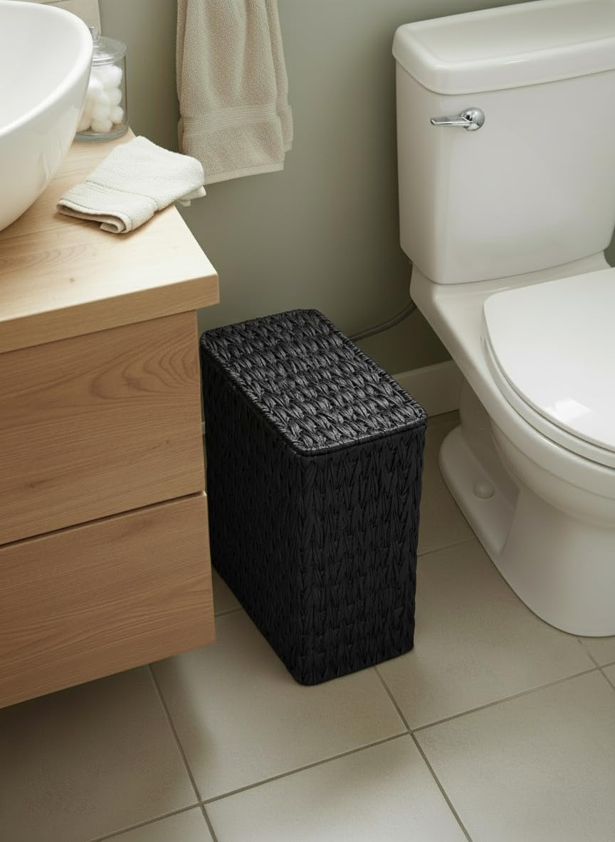 Black Wicker Trash Can with Lid and Liner,Waterproof Narrow Waste Basket for