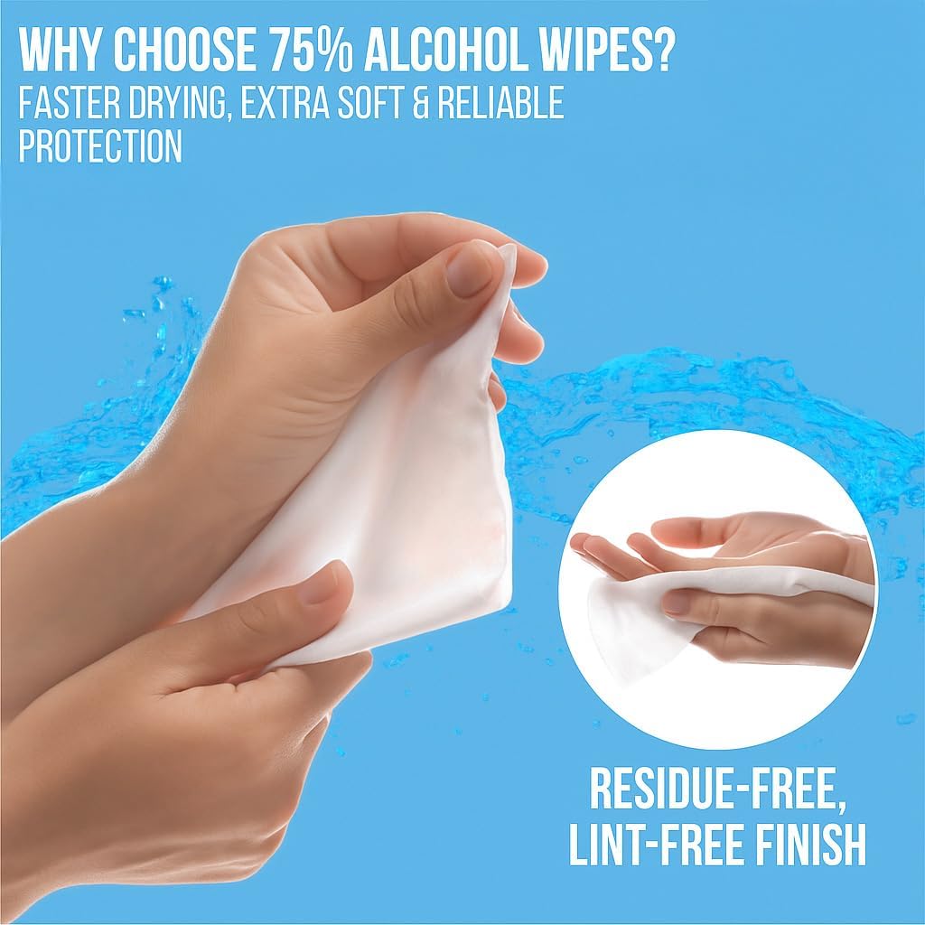 Advanced Large 75% Alcohol Hand Sanitizing Wipes, 4 Packs of 50 (200 Wipes) - Plus 20 Travel Packs