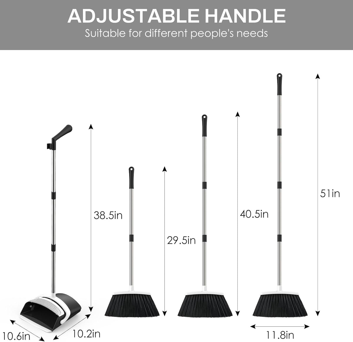 Broom and Dustpan Set for Home, 51-in Long Adjustable Handle Angle Broom and Dustpan Combo Set with