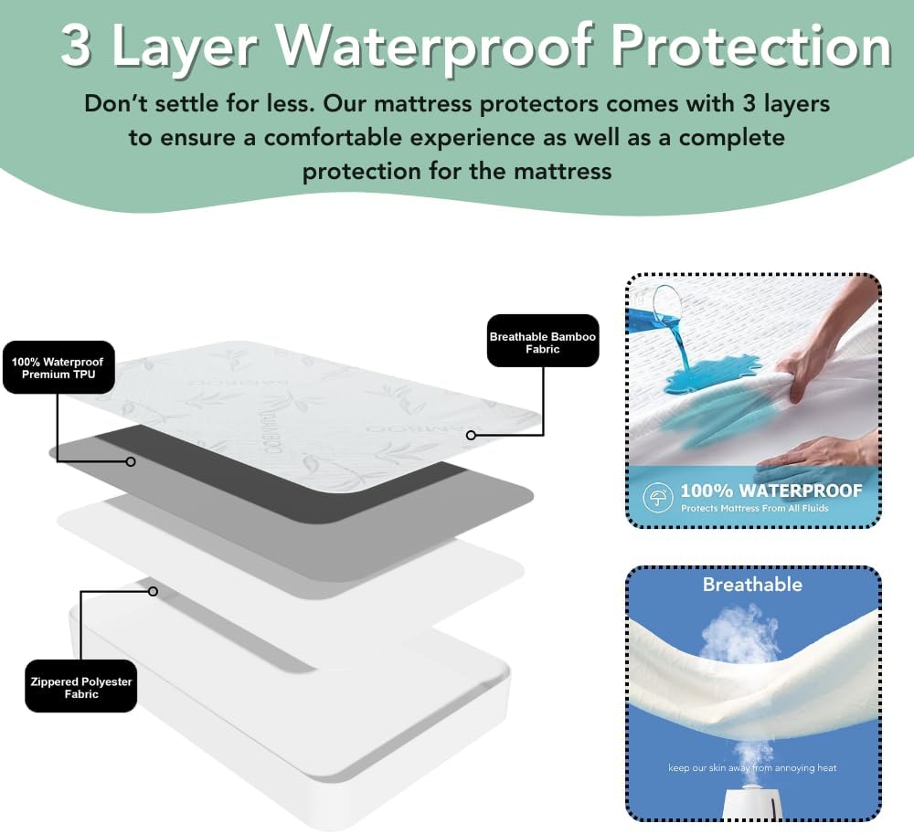Bamboo Rayon Mattress Protector with Zipper + 2 Pillow Protectors - 100% Waterproof Cooling King