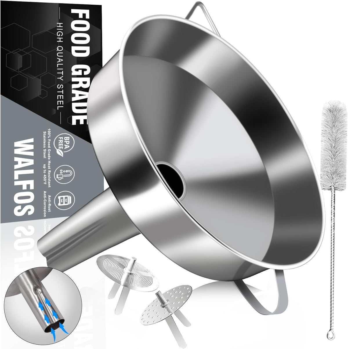 Walfos Extra Large Stainless Steel Funnel with Venting Slot, Kitchen Funnel with 2 Removable