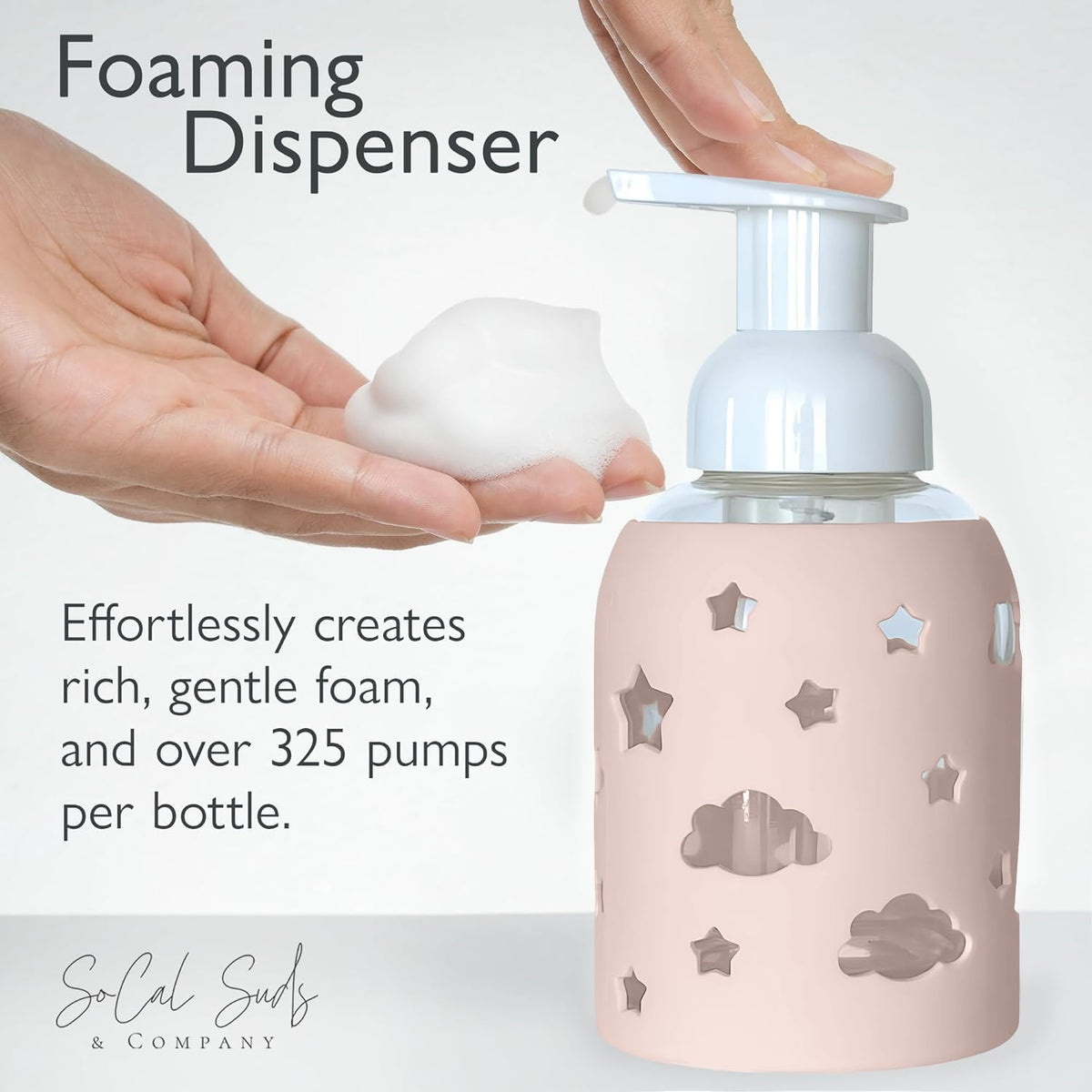 SoCal Suds & Company Glass Foaming Hand Soap Dispenser, Soft Grip Silicone Sleeve, Refillable Pump
