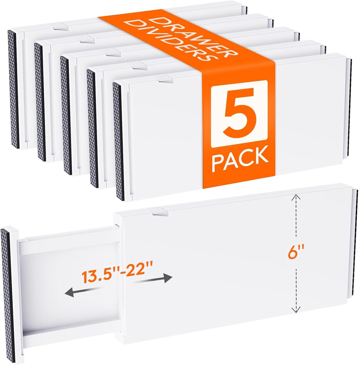 Lifewit 5 Pack Drawer Dividers Plastic 6" High, 13.5-22" Adjustable Drawer Organizers for Clothes