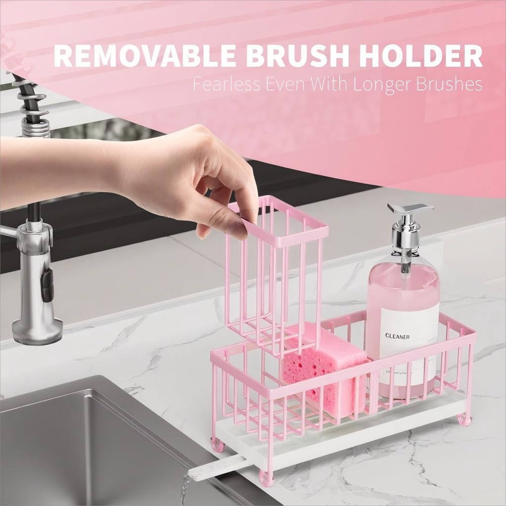 Cisily Pink Sponge Holder for Kitchen Sink, Sink Caddy Organizer with High Brush Holder, Countertop