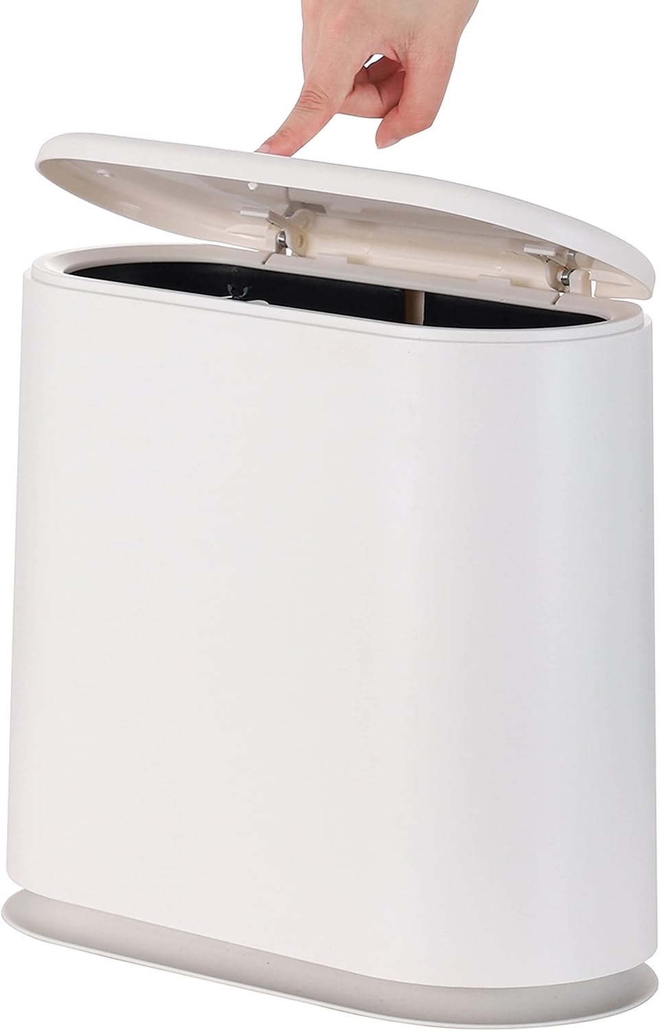 White Slim Bathroom Trash Can with Press Top Lid,12 Liter Small Thin Garbage Can,3.17 Gallon Narrow