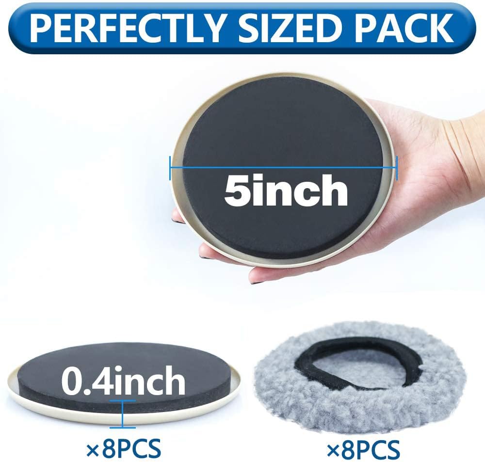 Furniture Sliders Multi-Surface 2-in-1 Reusable Moving Pads for All Floor Types - 8 Pack 5" Carpet