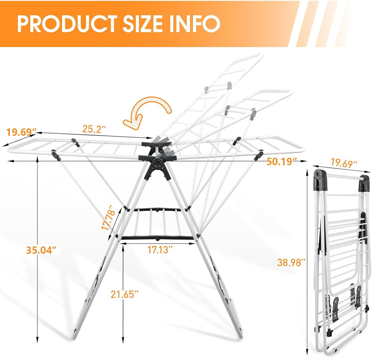 Clothes Drying Rack Foldable, Metal Laundry Drying Rack, with Height-Adjustable Wings, Space