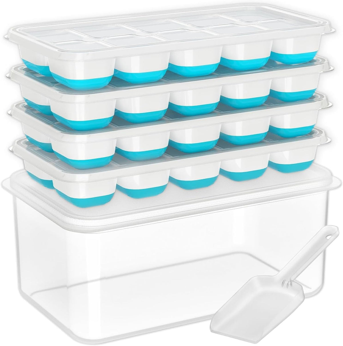 DOQAUS Ice Cube Tray with Lid and Bin, 4 Pack Silicone Plastic Ice Cubes Trays for Freezer with