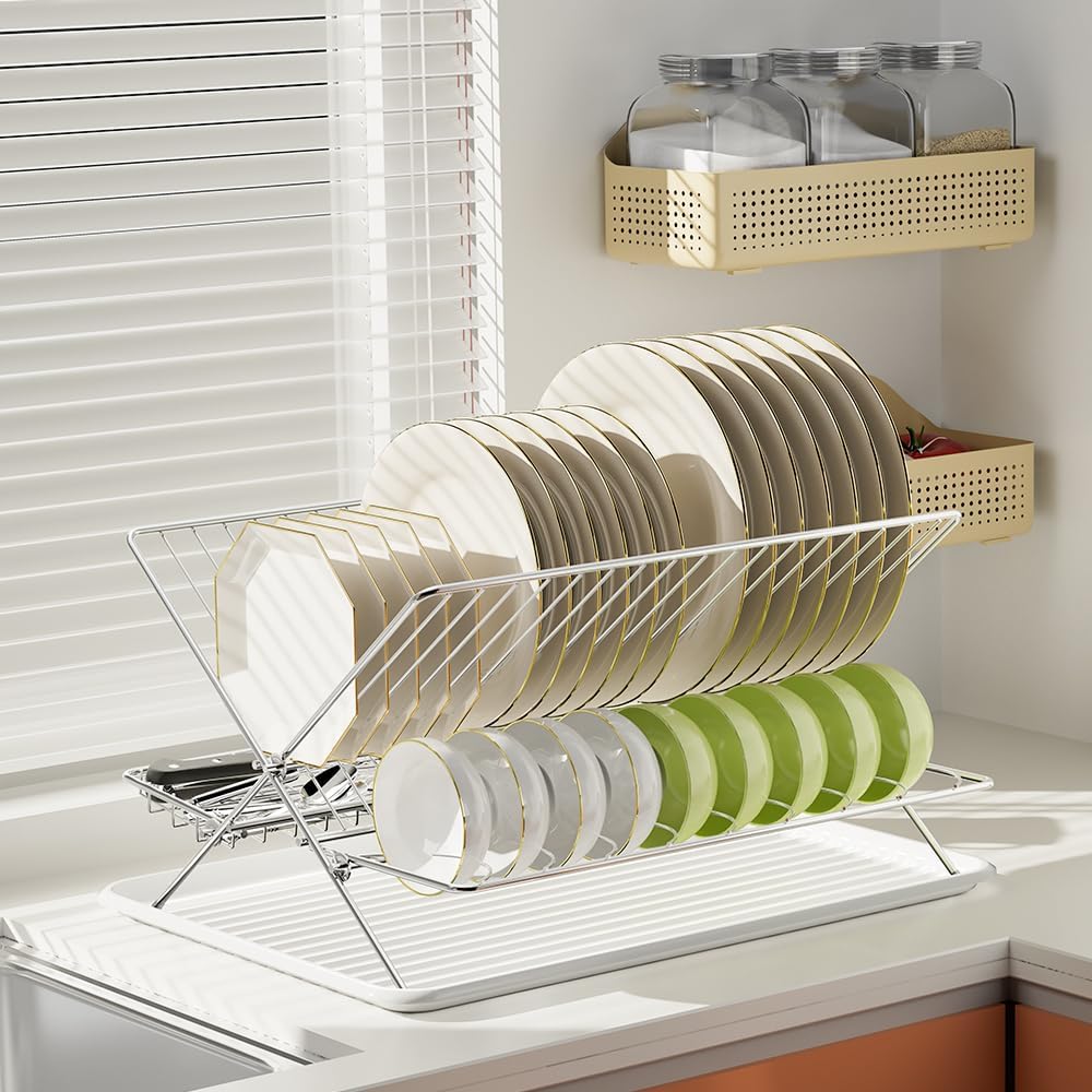 Dish Drying Rack with Drip Tray, 3 Tier Collapsible Stainless Steel Dish Drainer, Plate Rack Holder