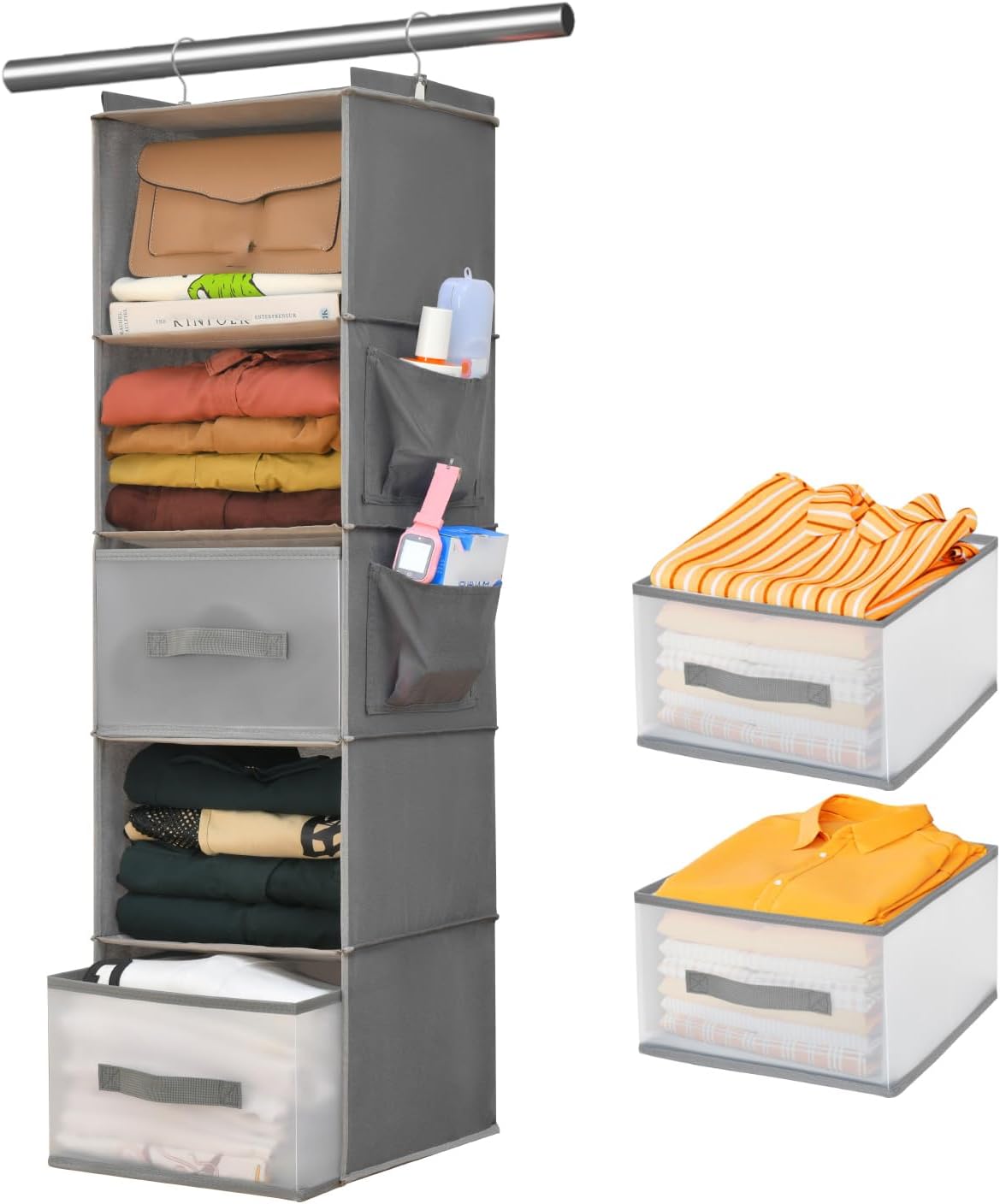 5-Tier Hanging Organizer for Closet, Fabric Closet Organizer with 2 Hooks, 2 Pull-Out Drawers