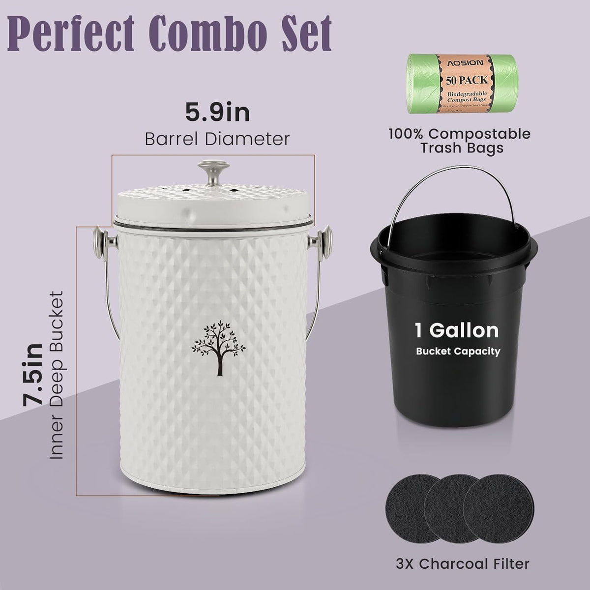 AOSION Countertop Compost Bin Kitchen,Odorless Indoor Compost Bin with Lid and Compost Bags,Compost