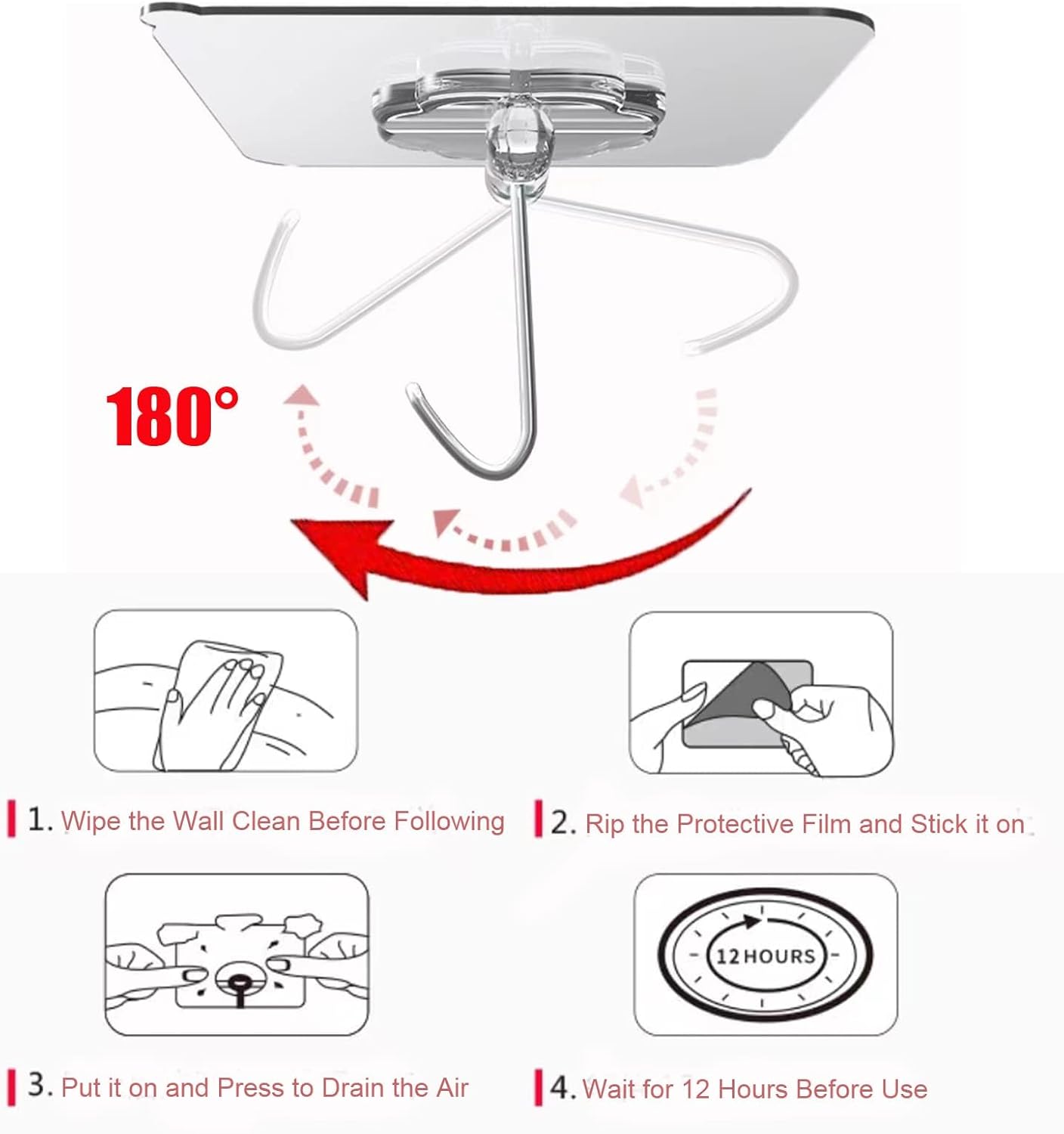 DDMY Hooks for Hanging, 50 Pack Wall Hooks 50lb(Max) Transparent Reusable Waterproof Adhesive Hook