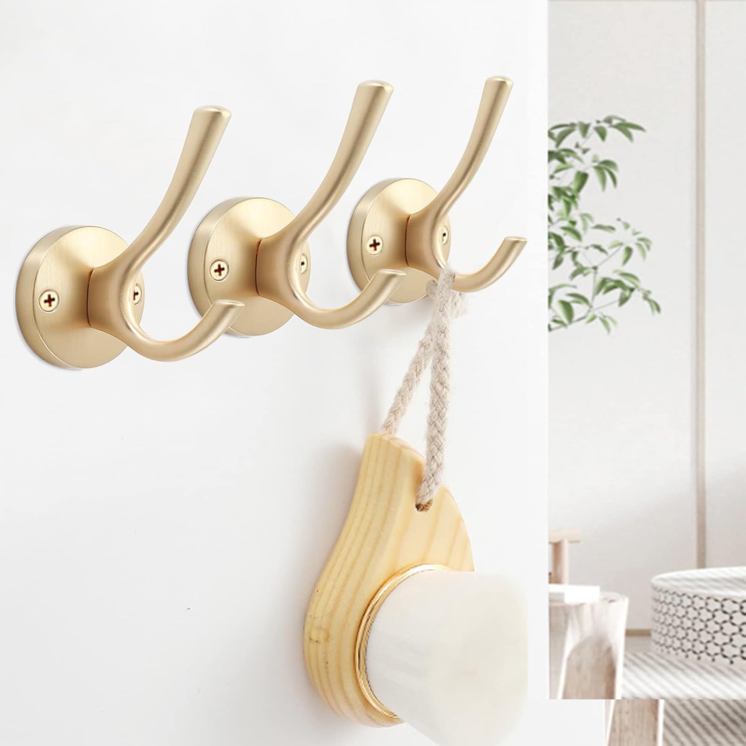 Gold Wall Hooks, 6 Pack Coat Robe Hook Heavy Duty Metal Double Bath Hook Wall Mounted, Hand Towel
