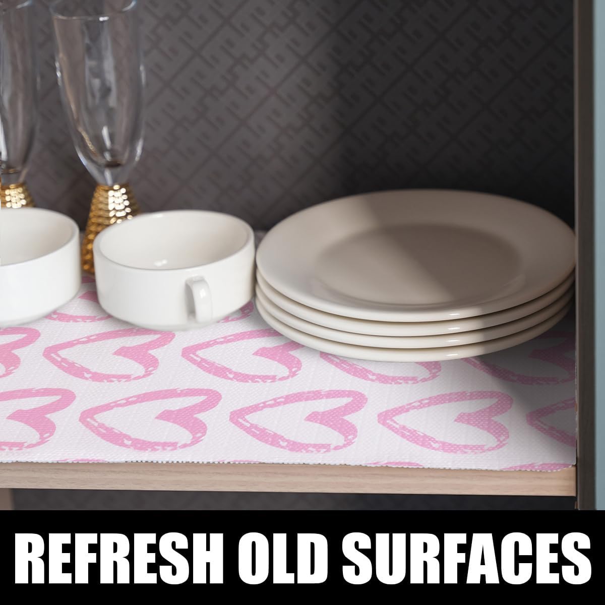 Pink Heart Drawer Liner for Cabinets, Shelf Liner Non-Adhesive and Strong Non-Slip Cabinet Drawer