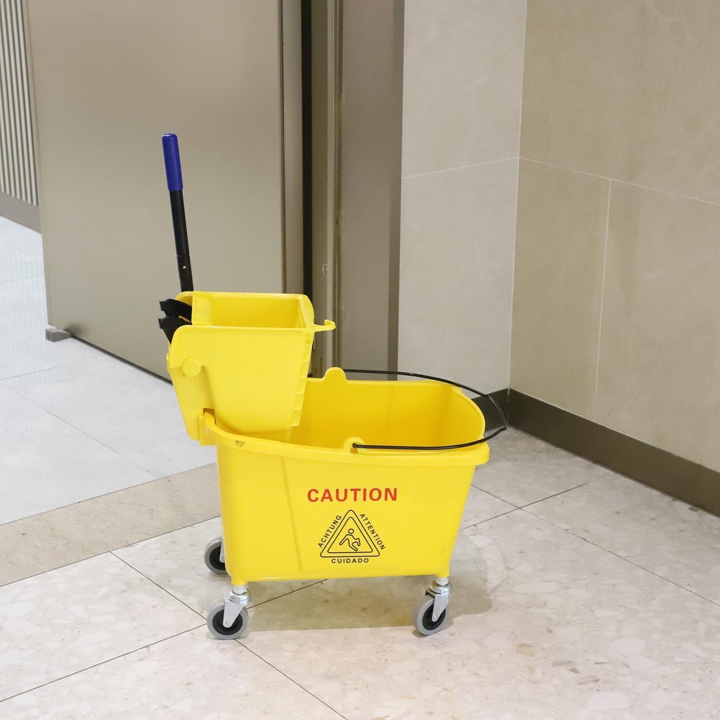 Commercial Mop Bucket with Side Press Wringer on Wheels, Including One Commercial Mop, 35 Quart
