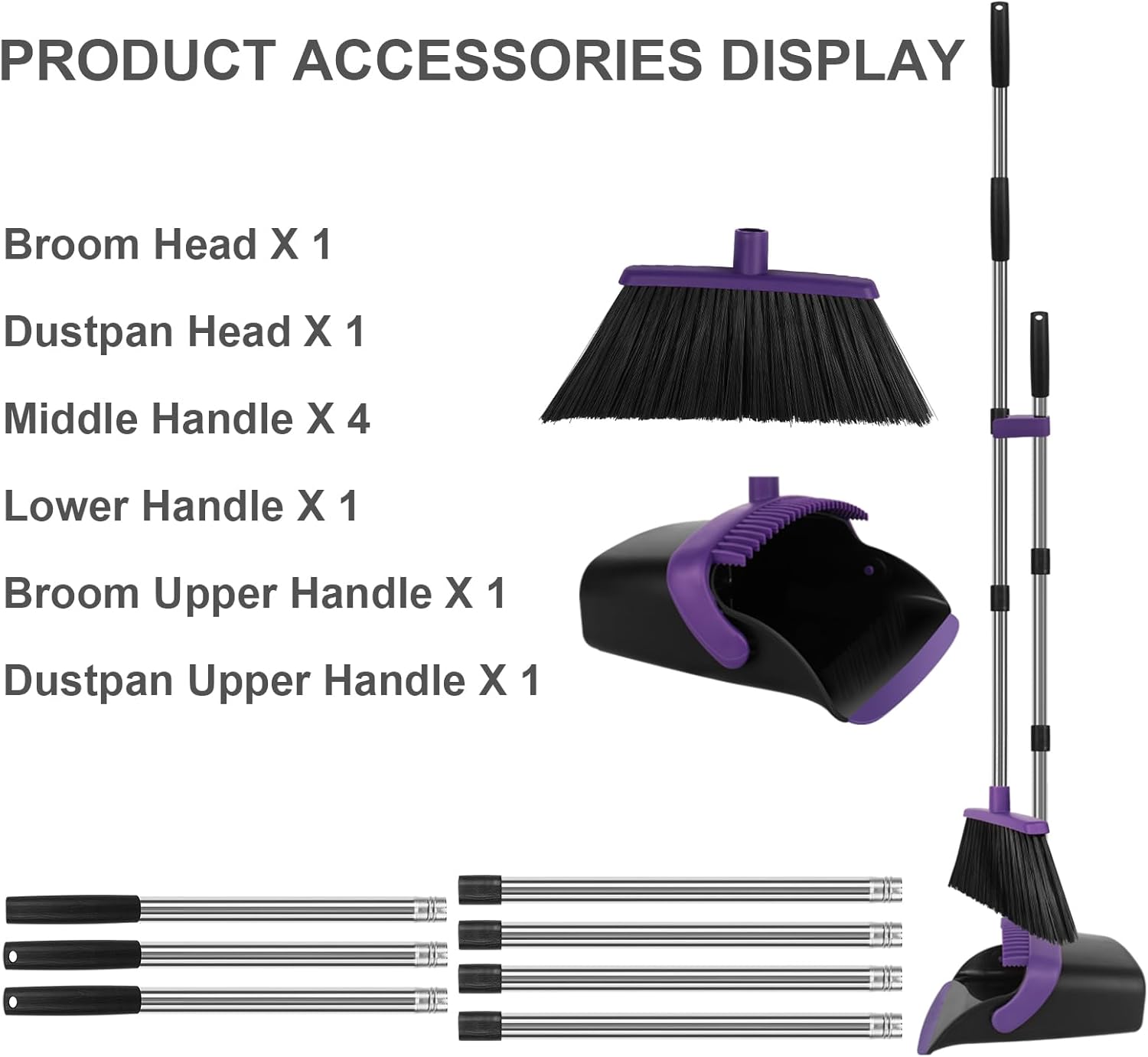 Broom and Dustpan Set, Large Household Dustpans and Broom with 55 Inch Long Handle, Pueple Broom