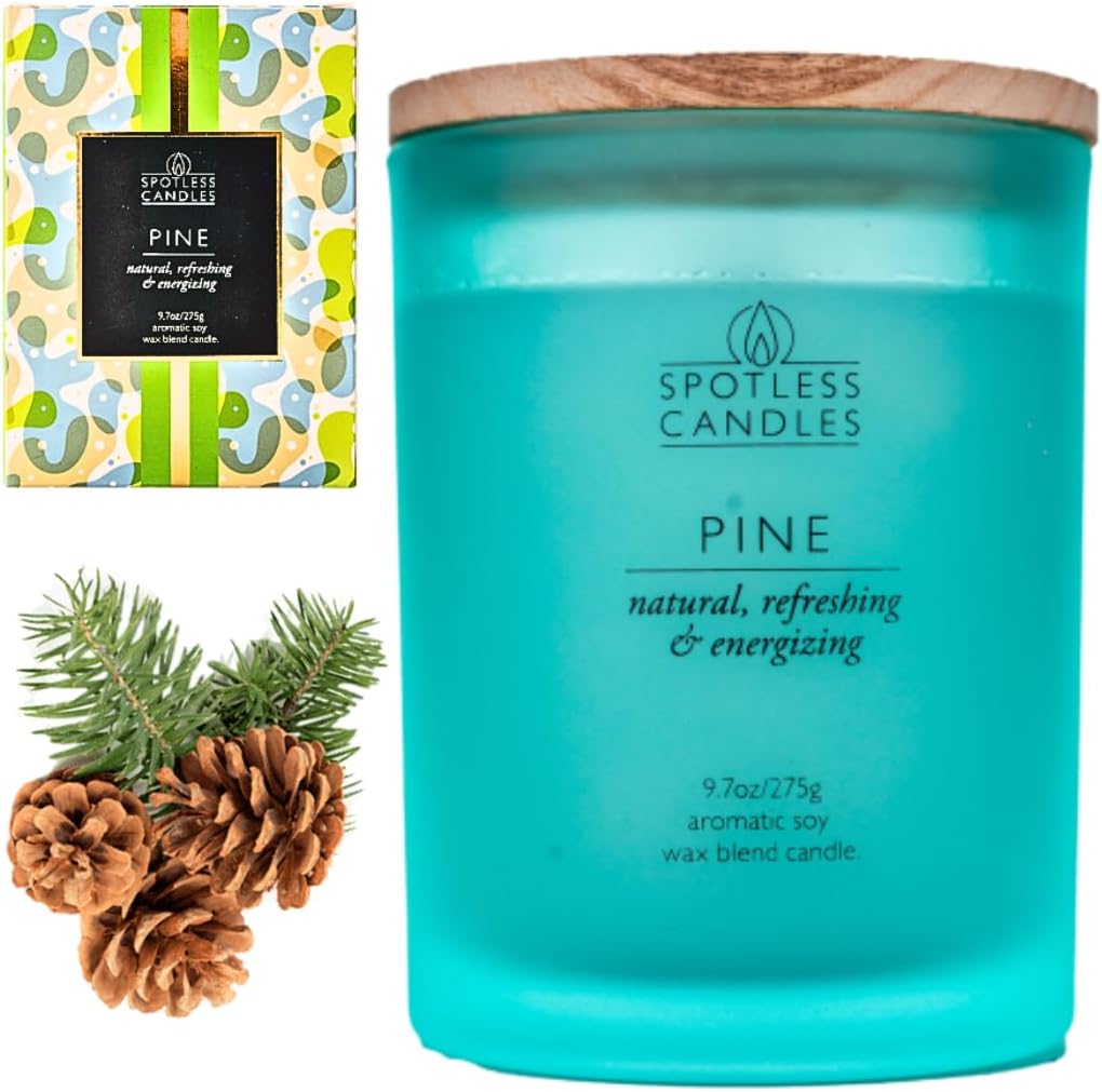 Pine Candle - 9.7 oz /275g 45-55 Hours Burn Time in Green Frosted Glass Jar with Wooden Lid and