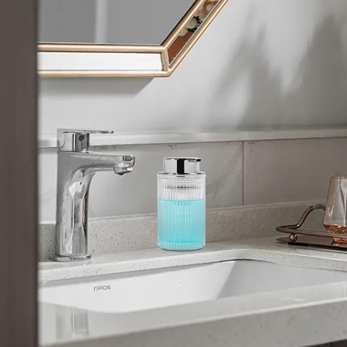 Clear Foaming Soap Dispenser, 12 Oz Glass Foaming Hand Soap Dispenser with Silver Pump, Bathroom