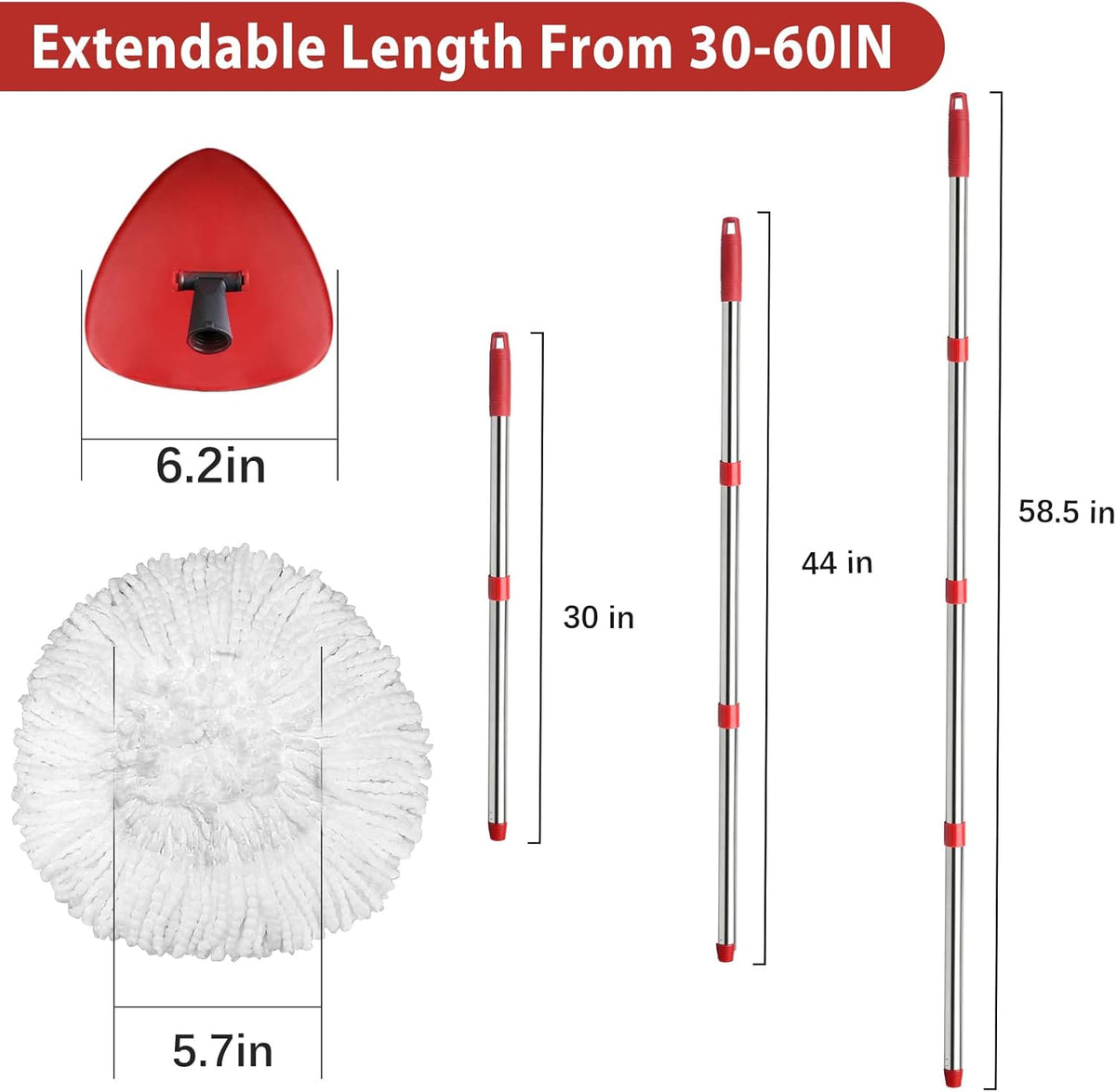 2 Spin Mop Head Replacement, 1 Base, 1 Mop Handle (30-58in) Combo Mops Set Compatible with OCedar