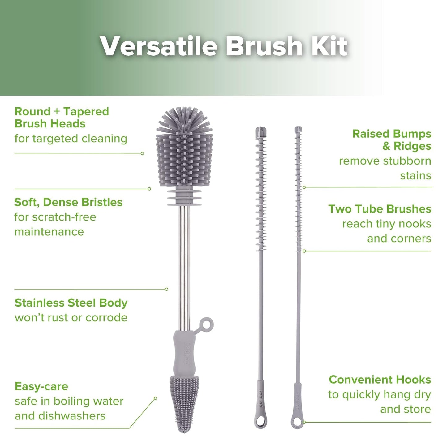 haakaa Silicone Cleaning Brush Kit - SUVA Grey - Bottle Brush for Breast Pumps, Breast Milk