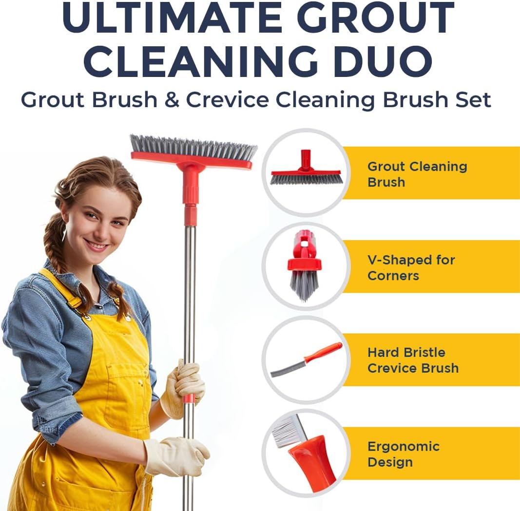 Grout Brush with Long Handle & Hard Bristle Crevice Cleaning Brush, Grout Cleaner for Tile Floors
