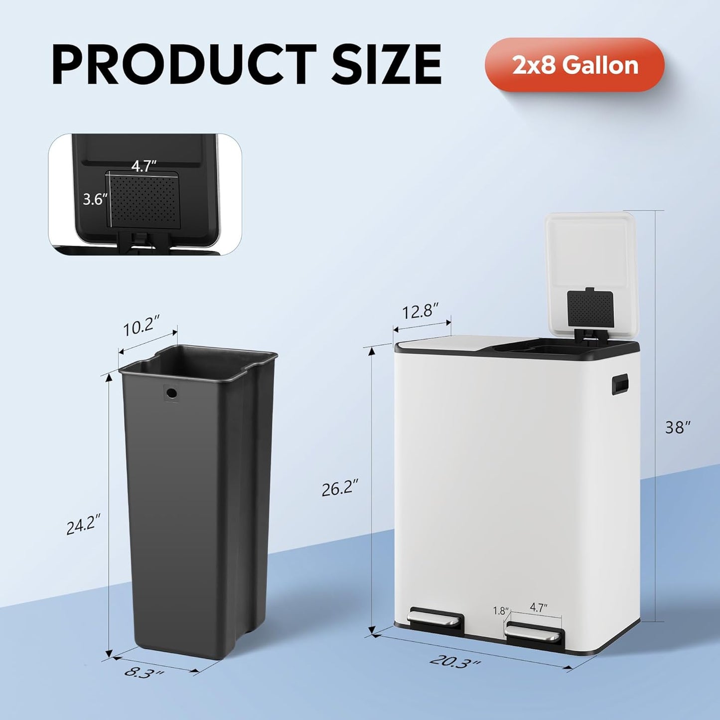 WLIVE Dual Trash Can, 2 x 8 Gallon (2 x 30 L), Step Trash Can with Lid with Inner Buckets, 2
