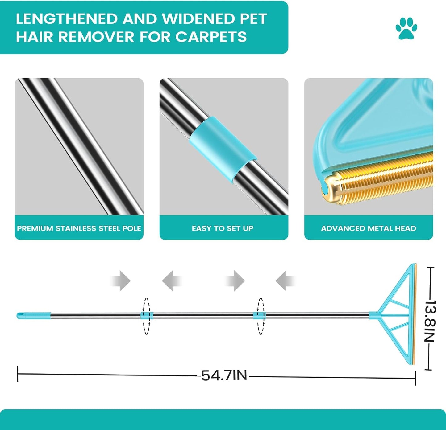 Carpet Rake for Pet Hair Removal,Reusable Pet Hair Remover, 55”Adjustable Long Handle Carpet Rake