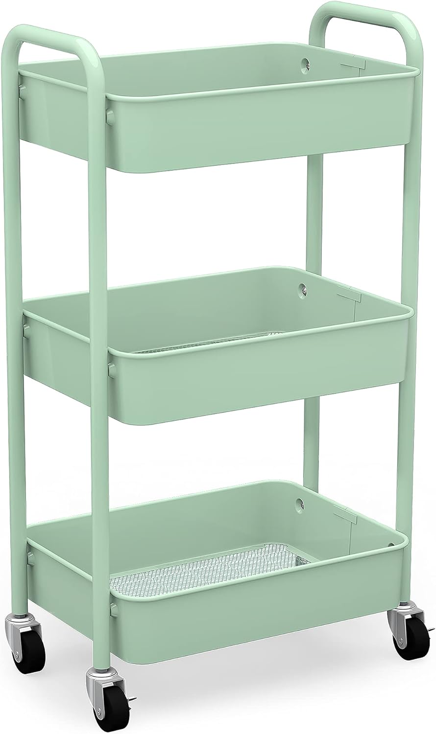 CAXXA 3-Tier Rolling Metal Storage Organizer - Mobile Utility Cart, Kitchen Cart with Caster Wheels