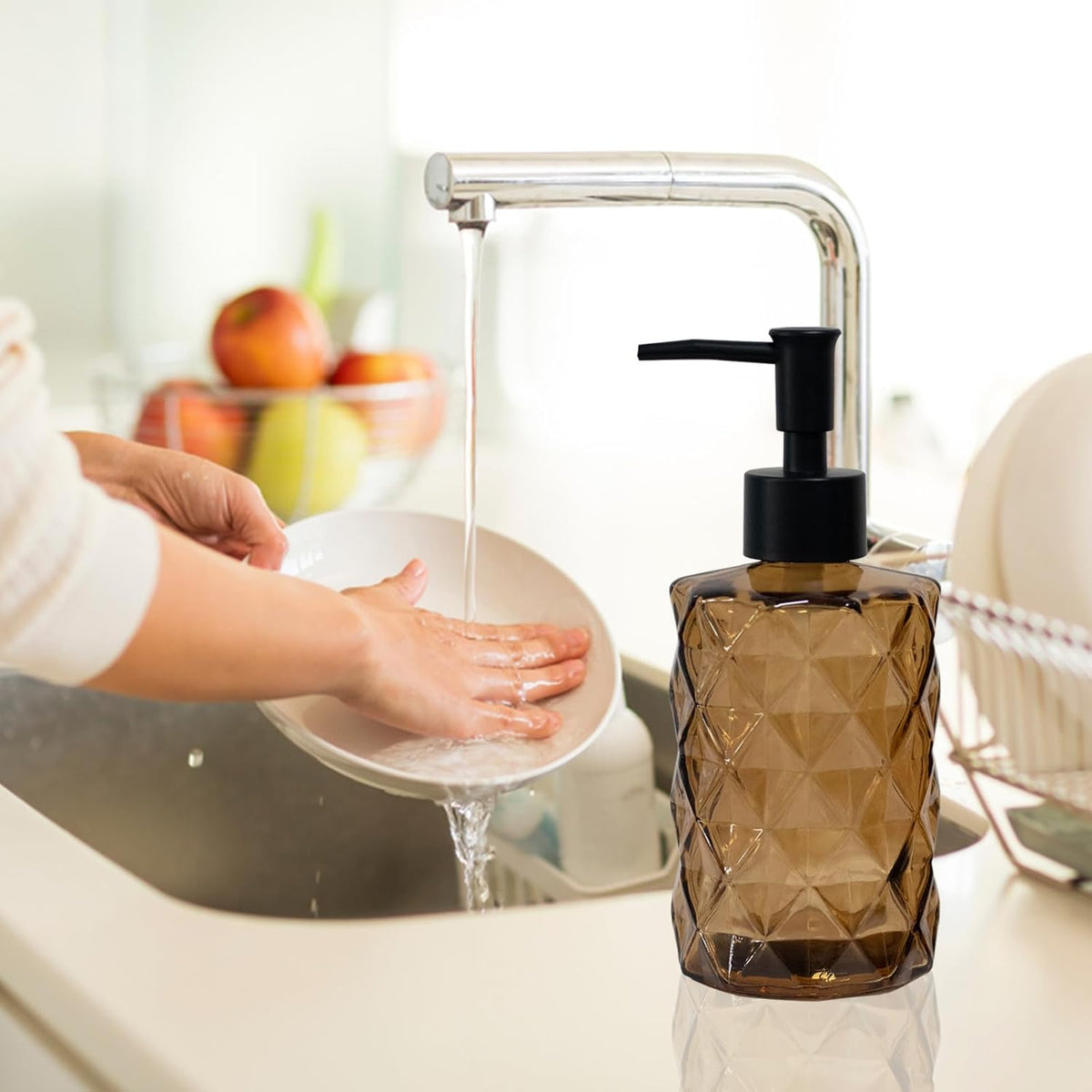 Brown Bathroom Soap Dispenser with Black Plastic Pump, 12oz Glass Lotion Dispenser, Crystal Hand