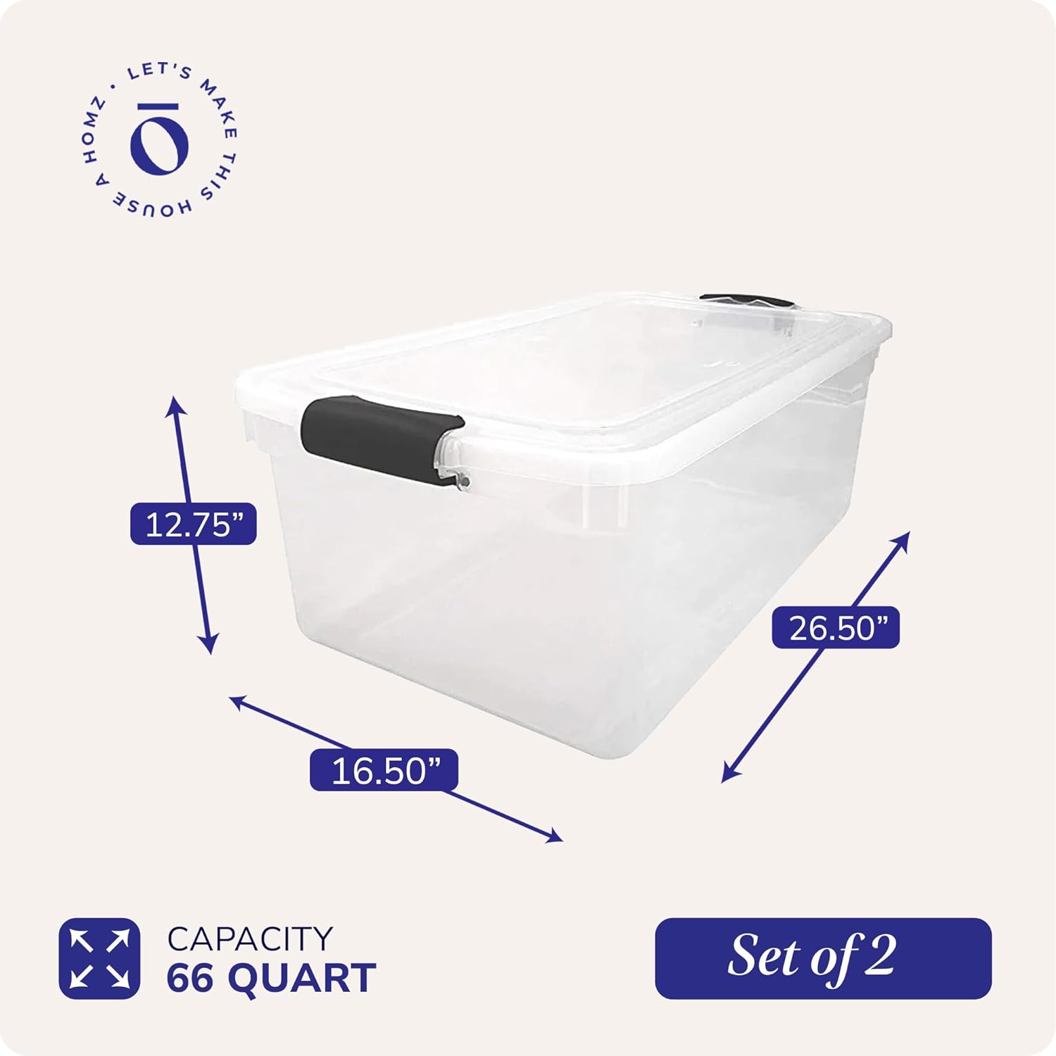HOMZ 2-Pack Latching Lid, Large Clear Plastic Storage Bins with Lids, 66 Quart, Gray Latch