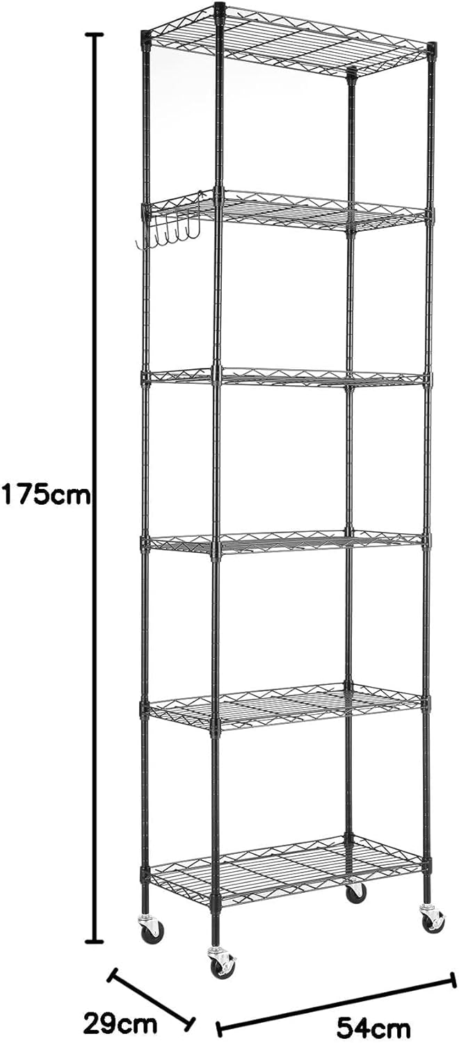 Himimi 6-Tier Storage Shelf Units, Adjustable Wire Shelving with Wheels, Metal Shelves with