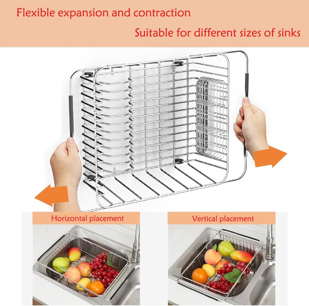 Stainless Steel Dish Drying Rack(15.2"L X 11"W X 5.3"H), Expandable Fruit & Vegetable Drain Rack