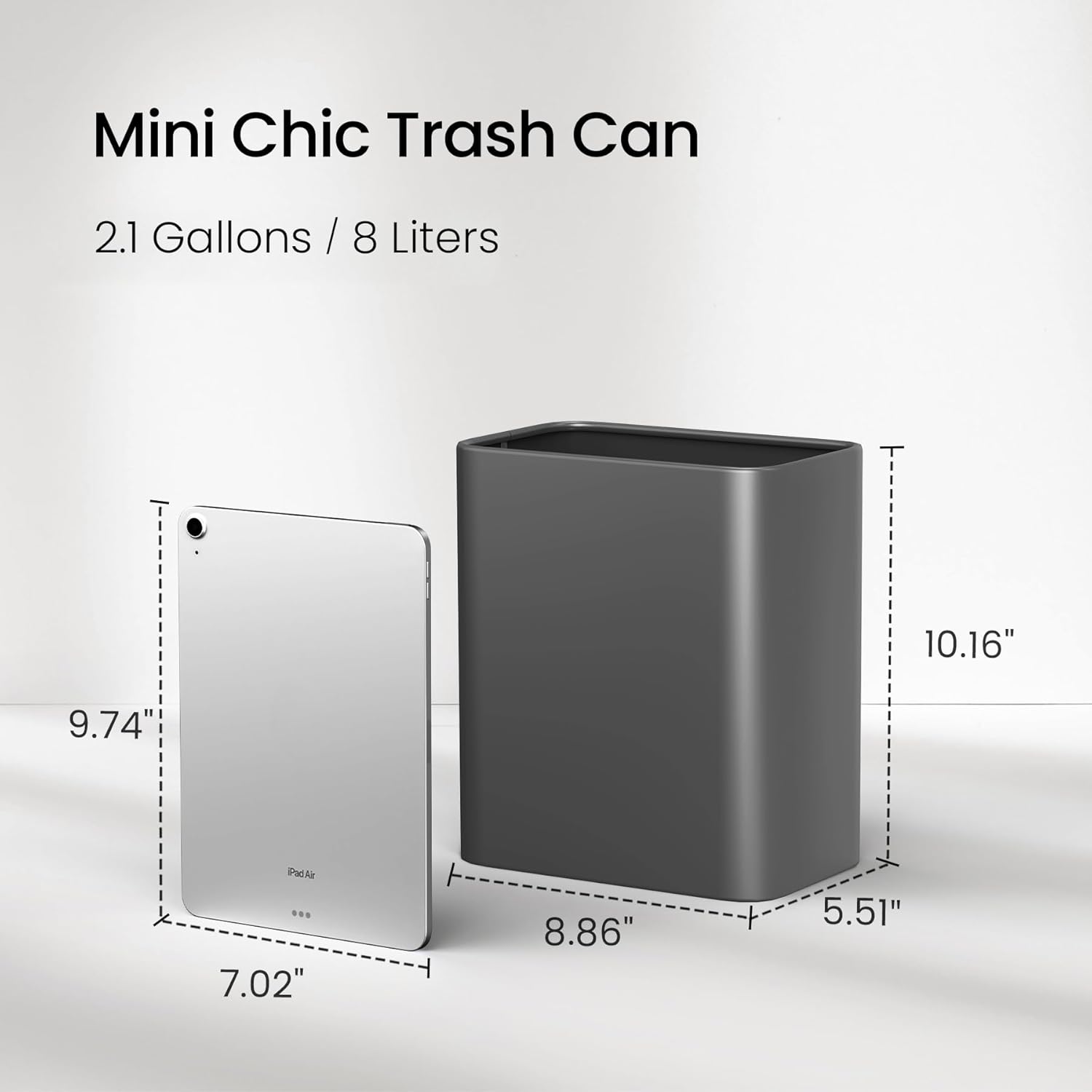Cesun Small Bathroom Trash Can, 2.1 Gallons, Open-Top, Gray Metal, Stainless Steel, Modern, Ideal