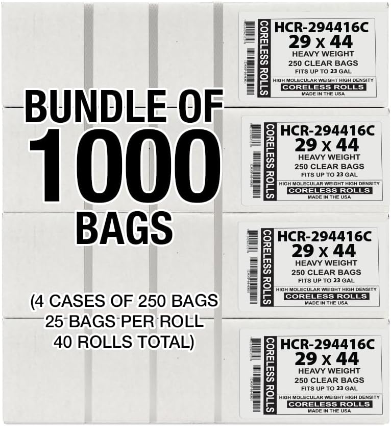 Aluf Plastics High Density Trash Bags, 26 Gallon, 1000 Count, 16 Micron (eq), 29" x 44", Clear, for