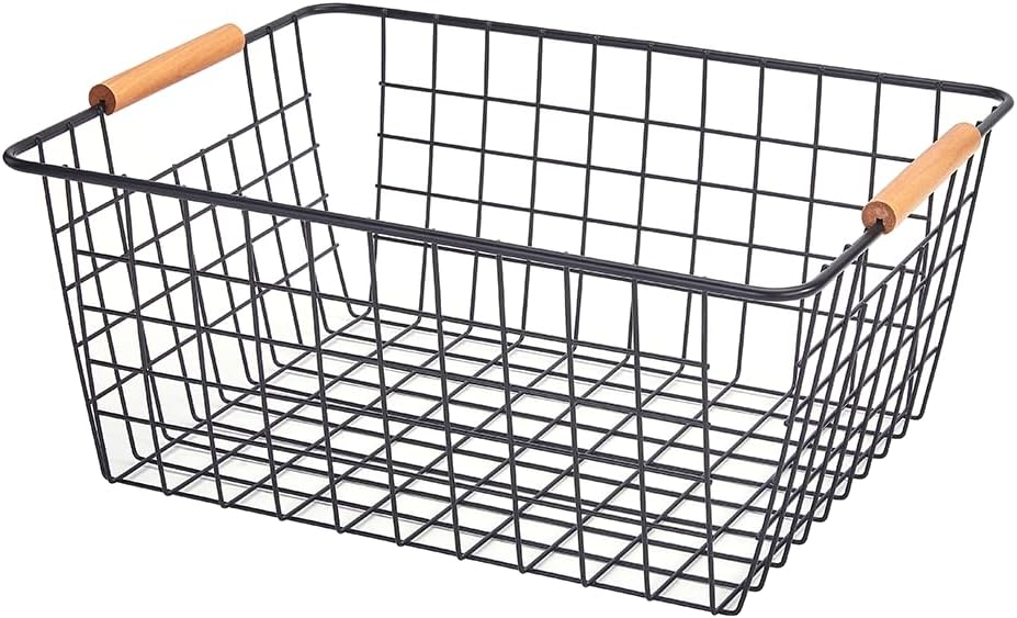 LeleCAT Large black wire baskets with Wooden Handles for storage pantry, Storage Organizer Baskets