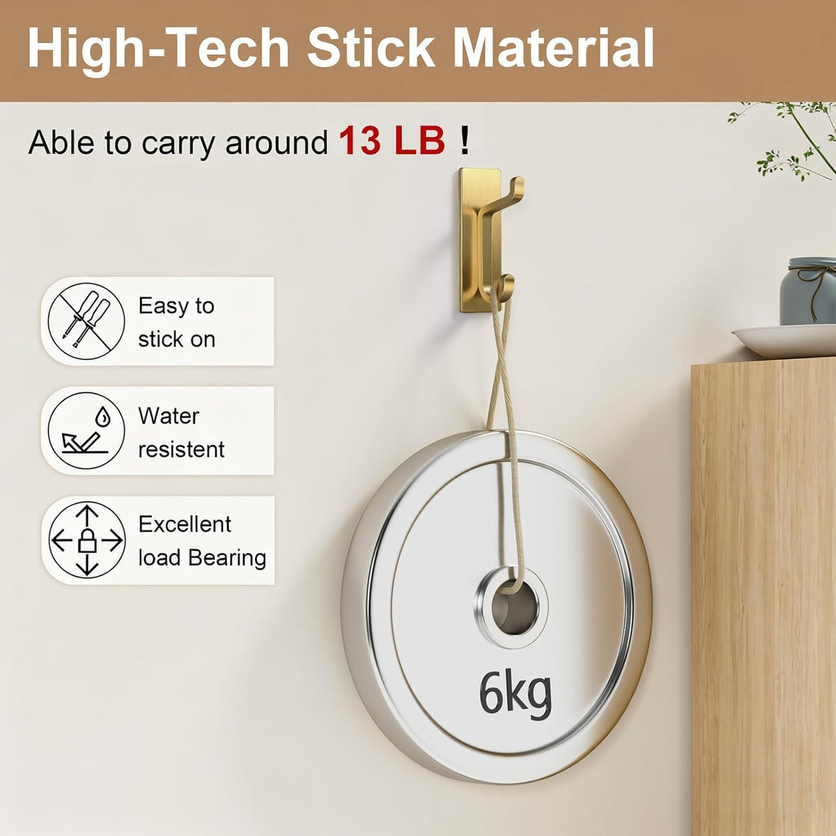 pickpiff Self Adhesive Hooks, Extra Sticky 10LB (Max), Heavy Duty Stainless, Stick On Wall and Door
