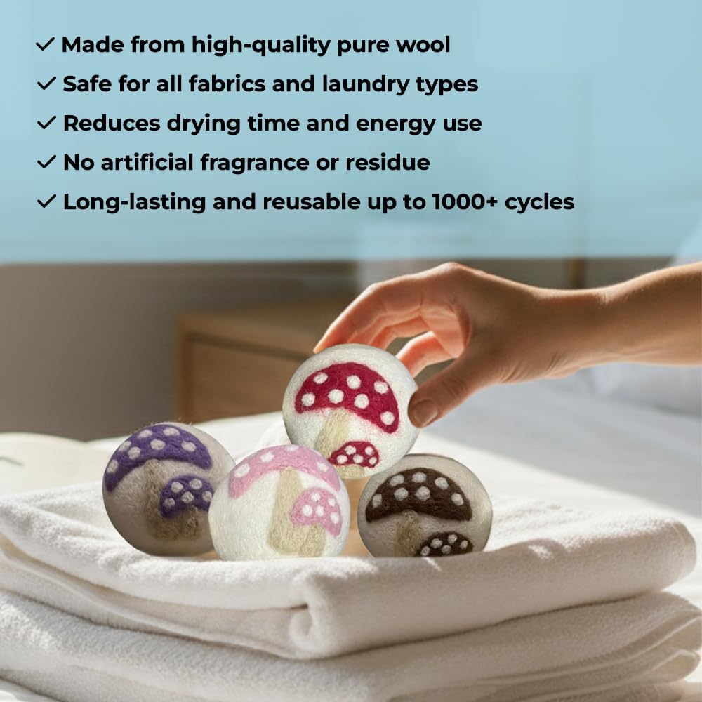 Ezhippie Quality Wool Dryer Balls - 6 XL Mushroom Pack - 1000+ Loads - Pure Organic Wool - Reusable