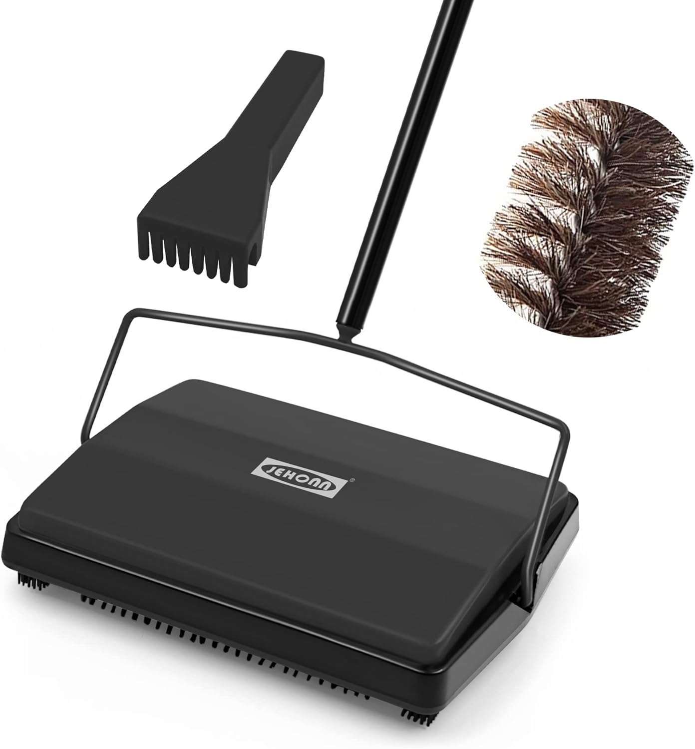 JEHONN Carpet Floor Sweeper Manual with Horsehair, Non Electric Quite Rug Roller Brush Push for