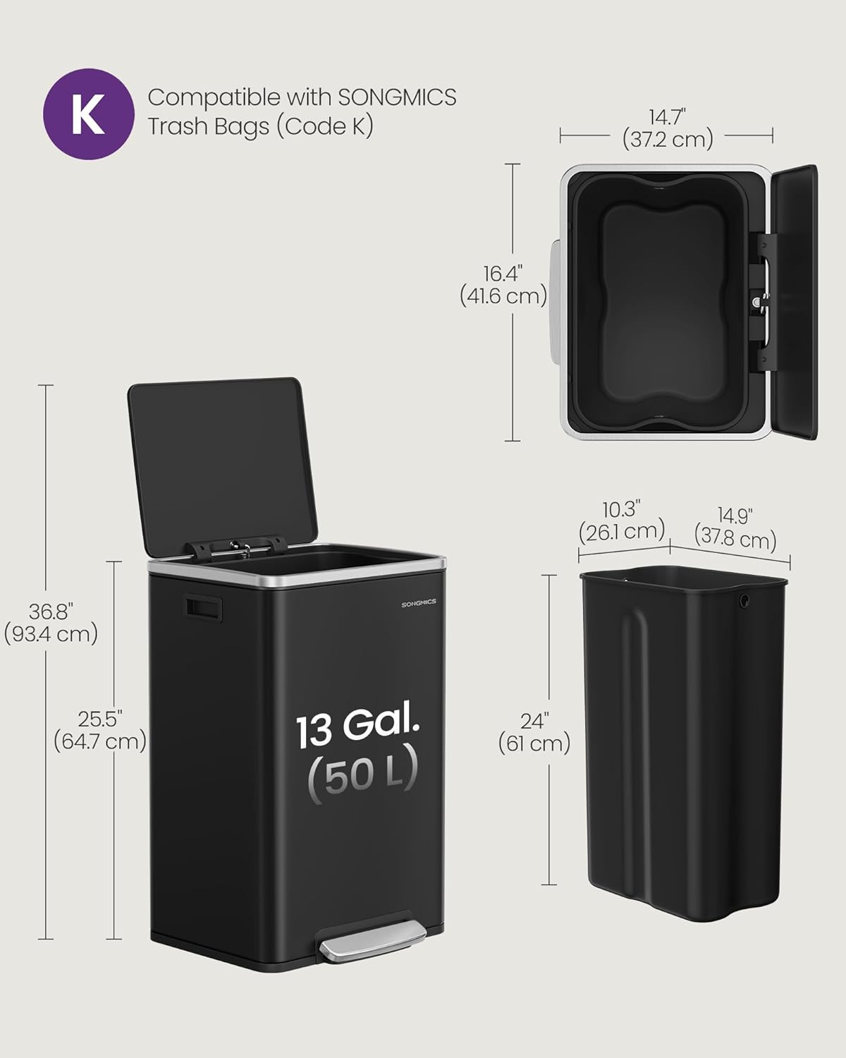 SONGMICS Trash Can, 13-Gallon Gabbage Can, with 15 Trash Bags, Steel, with Soft-Close Lid