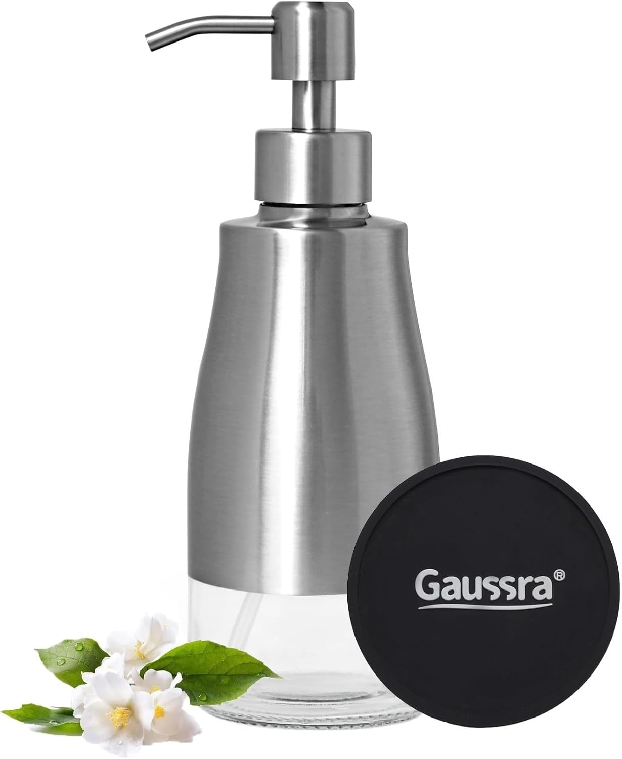 Gaussra Soap Dispenser with Coaster and Stickers, Brushed Nickel Stainless Steel Case Glass Liner