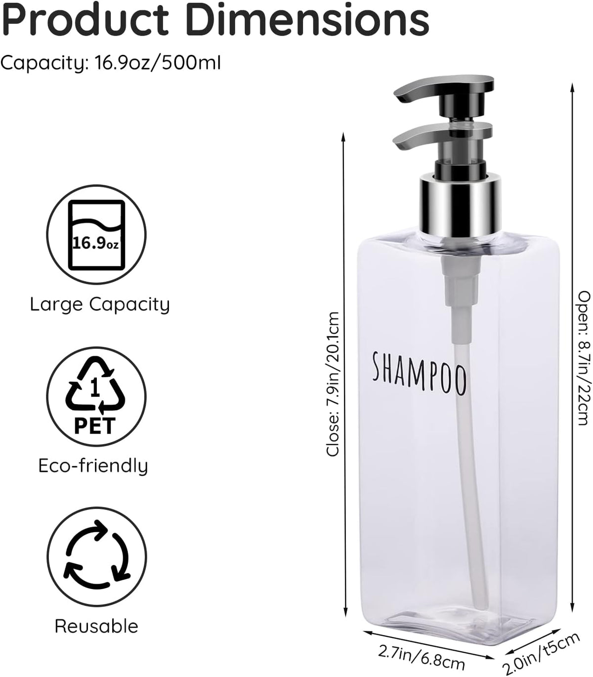 Segbeauty 3pcs Clear Soap Dispenser, 16.9oz Refillable Shampoo Conditioner Bottles, 500ml Empty
