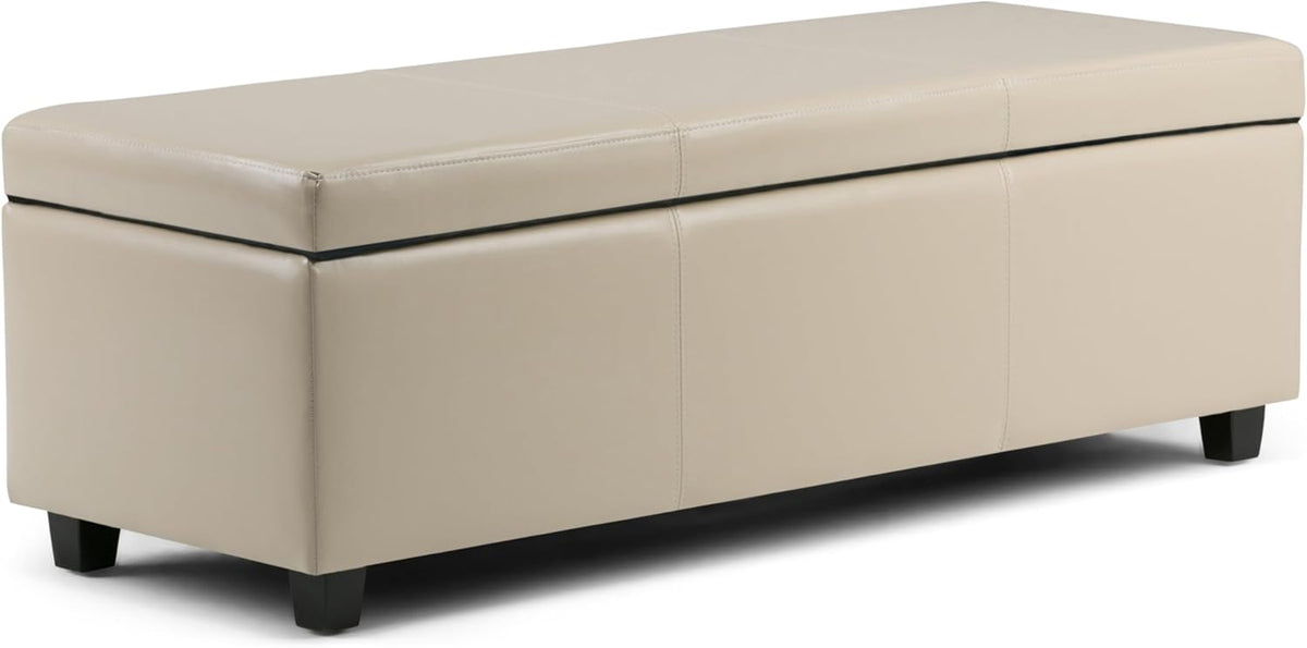 SIMPLIHOME Avalon 48 inch Wide Contemporary Rectangle Storage Ottoman Bench in Satin Cream Vegan