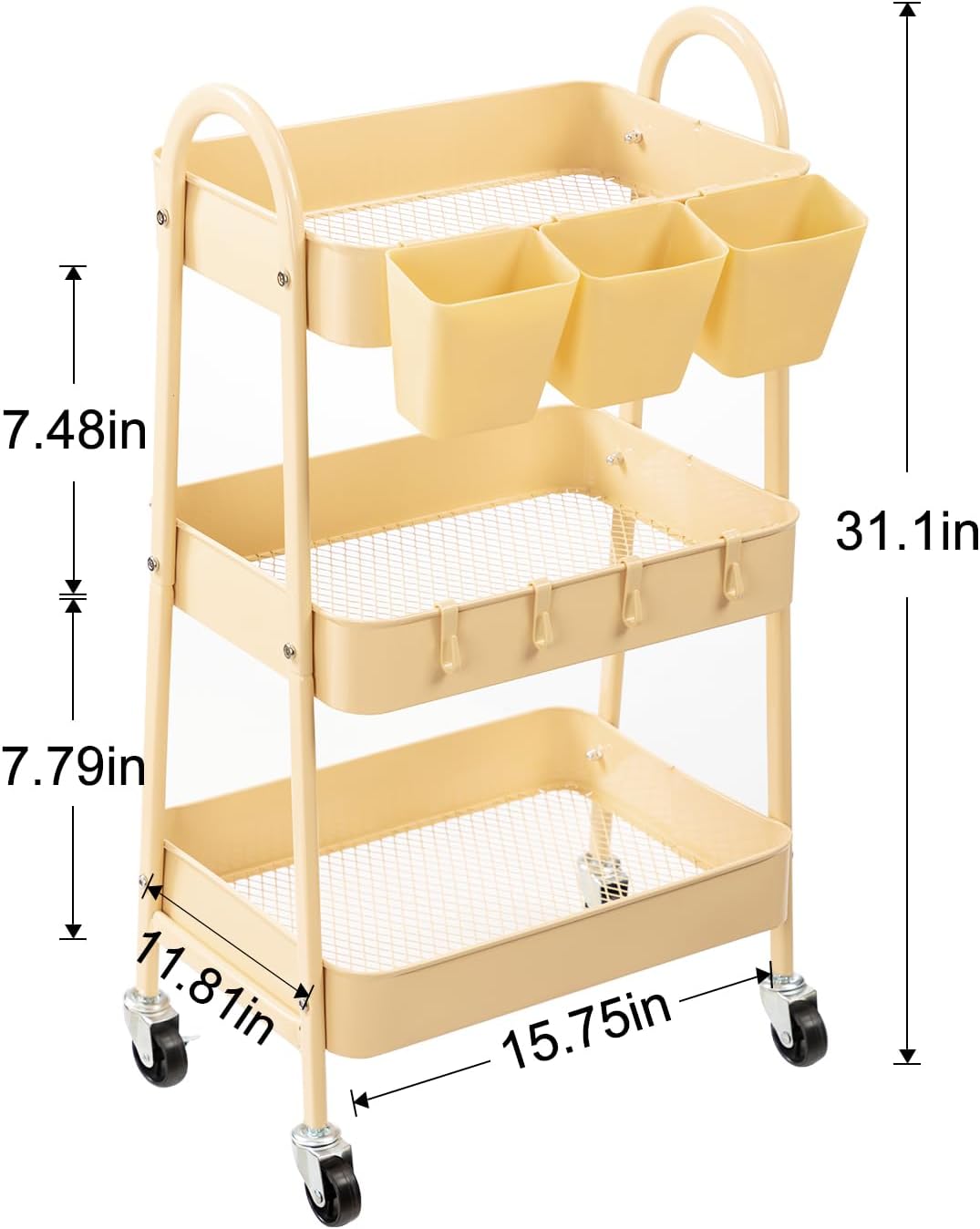 danpinera 3-Tier Rolling Cart, Metal Rolling Storage Cart with Lockable Wheels & Hanging Cups &