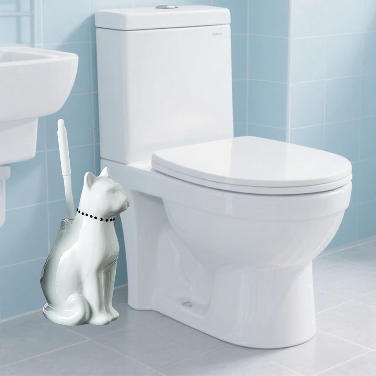 Comeon Ceramic Cat White/Black Toilet Brush and Holder Set, Plastic Handled Scrub Brush for