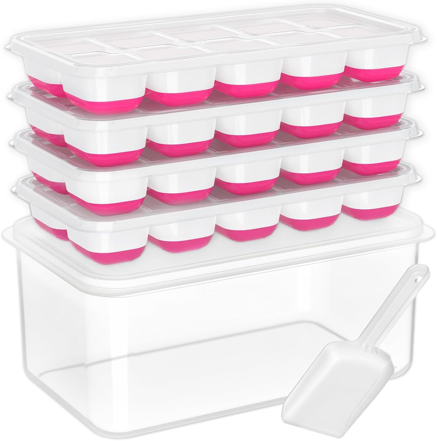 DOQAUS Ice Cube Tray with Lid and Bin, 4 Pack Silicone Plastic Ice Cubes Trays for Freezer with