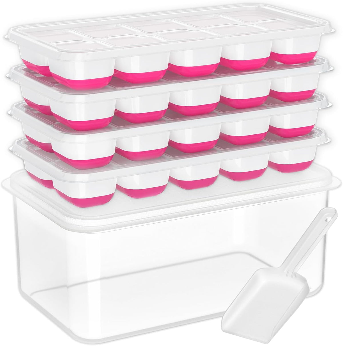 DOQAUS Ice Cube Tray with Lid and Bin, 4 Pack Silicone Plastic Ice Cubes Trays for Freezer with