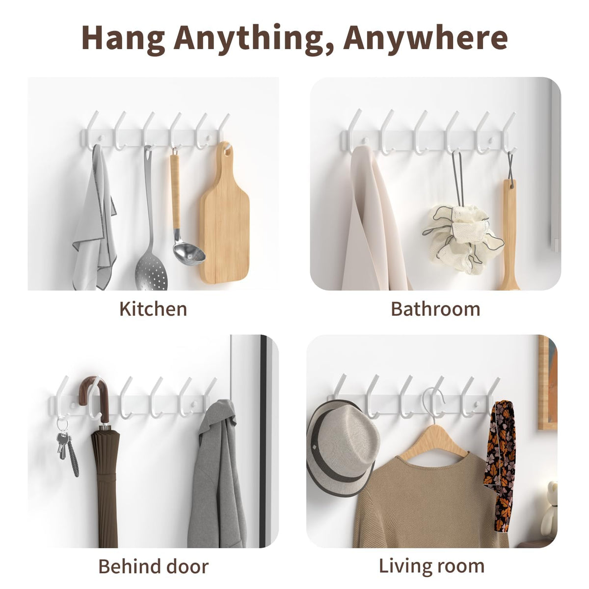 Coat Rack Wall Mount Hooks - 15 Inch White Metal 6-Hook Rack(1 Pack)