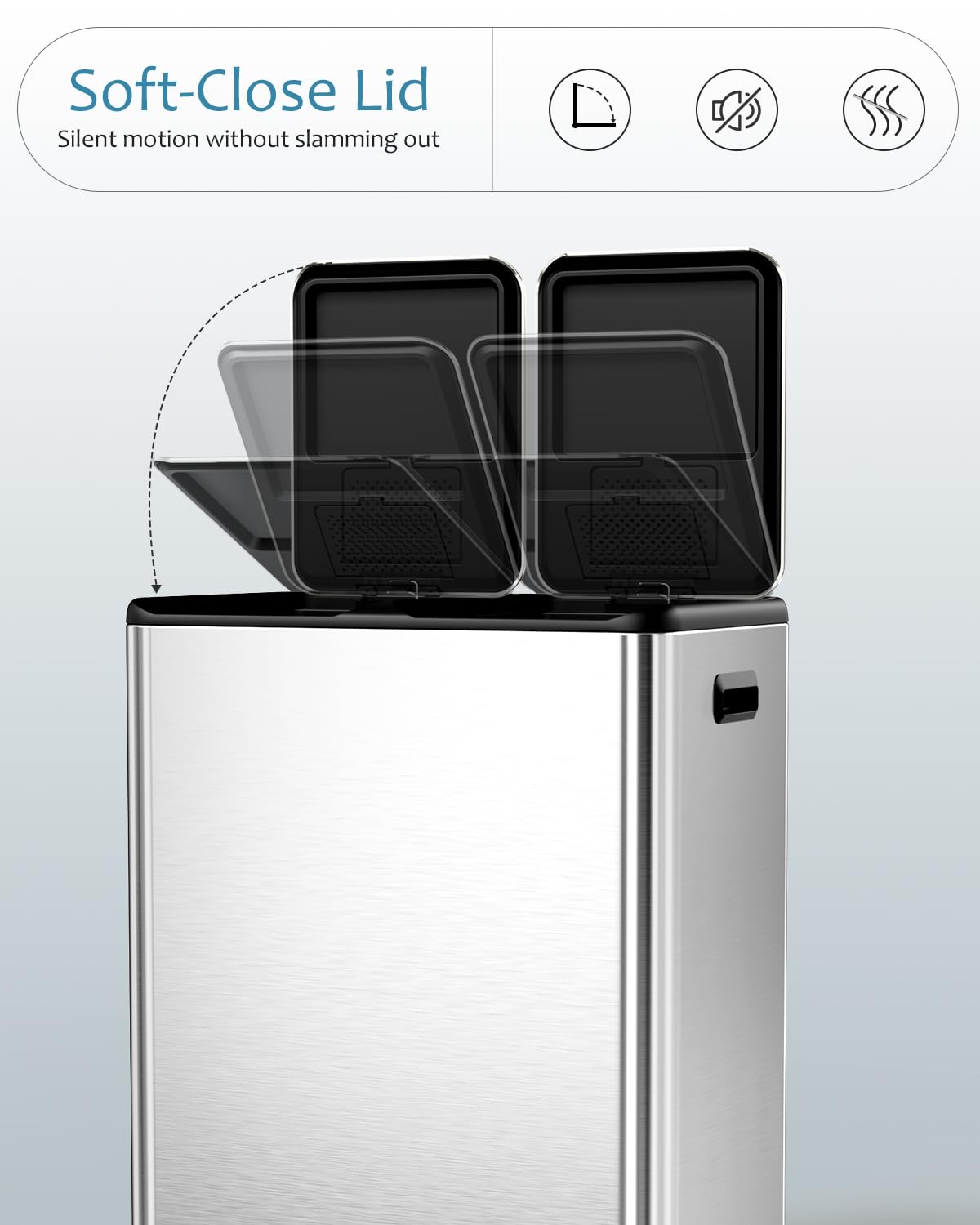 16 Gal (2 x 30 L) Dual Trash Can, Stainless Steel Kitchen Garbage Bin, Recycle Dustbin with Odor