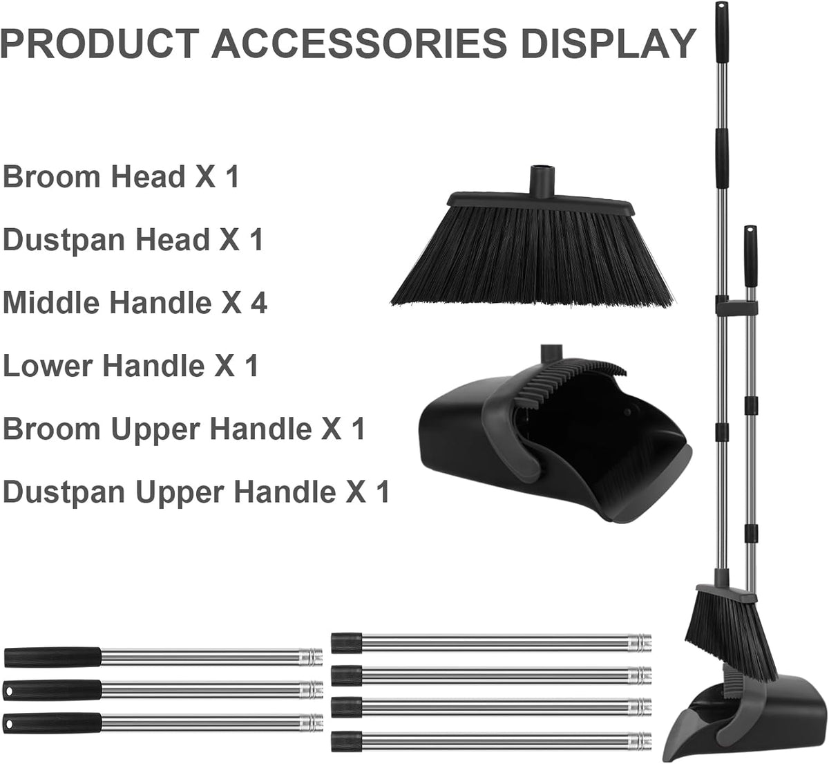 Broom and Dustpan Set, Large Household Broom with Dustpan Combo Set, 55" Long Handle Black Dust Pan